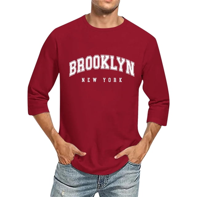 T-Shirts pour Homme Manches 3/4 Col Ras du Cou Confortable Couleur Dégradée Coupe Rouge Brique Hauts d'Automne Taille P
