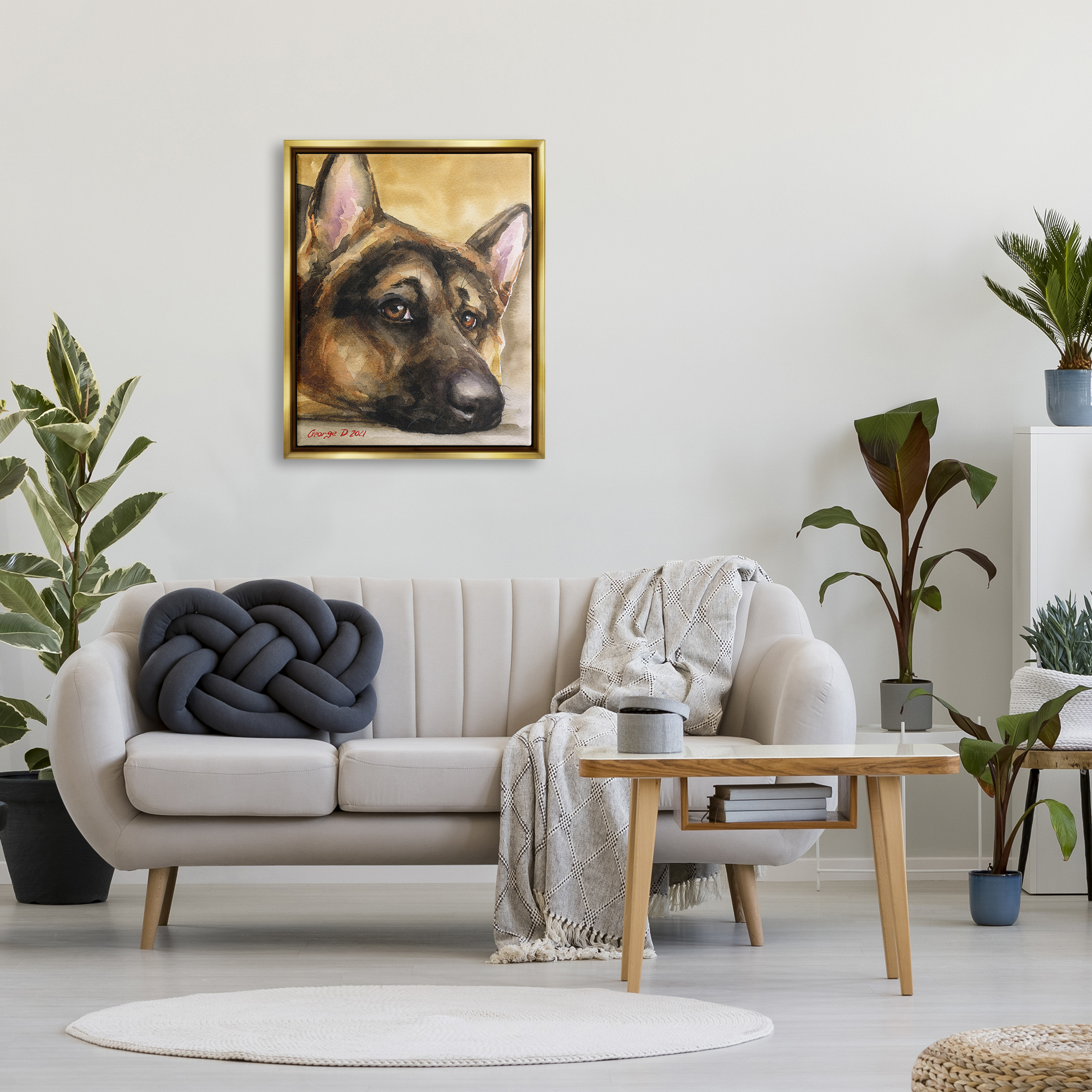 Stupell Industries German Shepherd Dog Sympathetic Gazing Animal Portrait Painting Metallic Gold Floating Framed Canvas Print Wall Art, Design by George Dyachenko