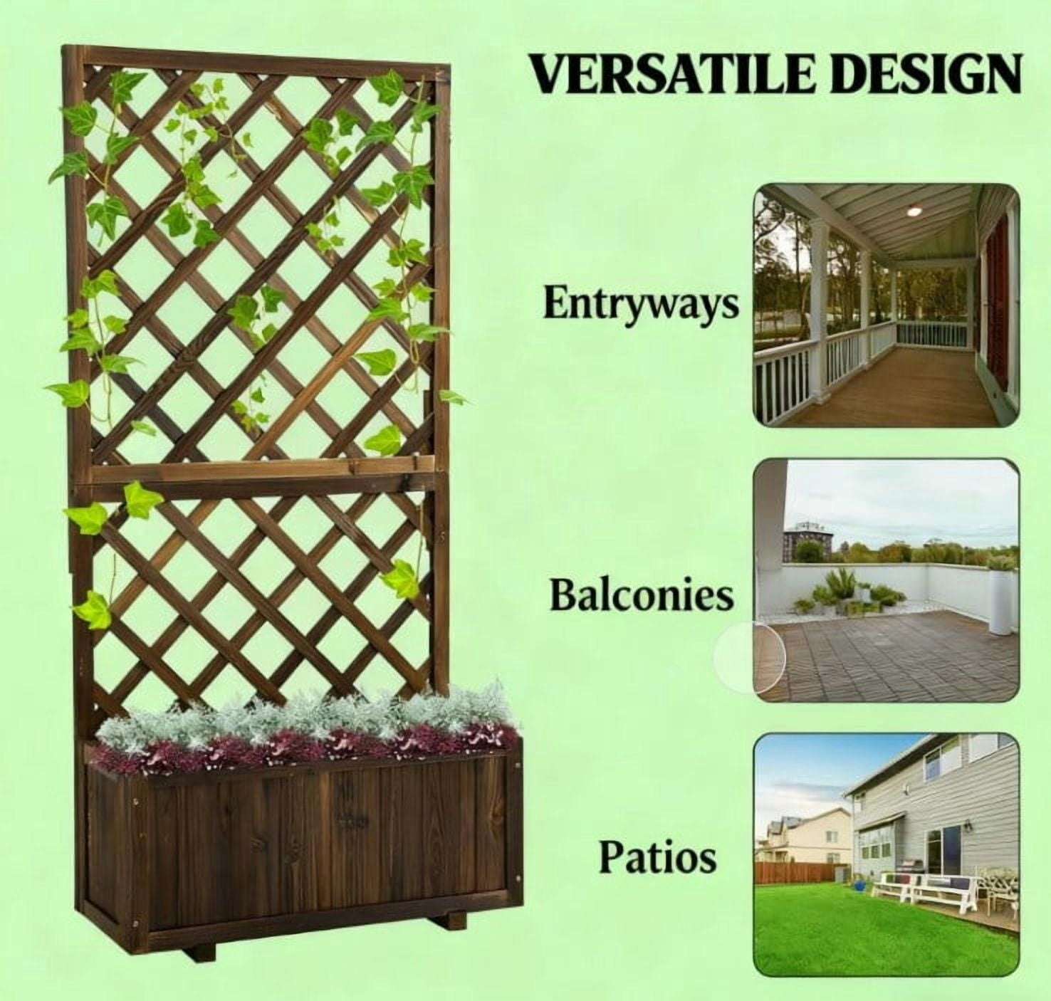 Garden Bed, Wooden Raised Garden Bed Planting Planter Box with Trellis and Drain Holes for Climbing Vine Plants