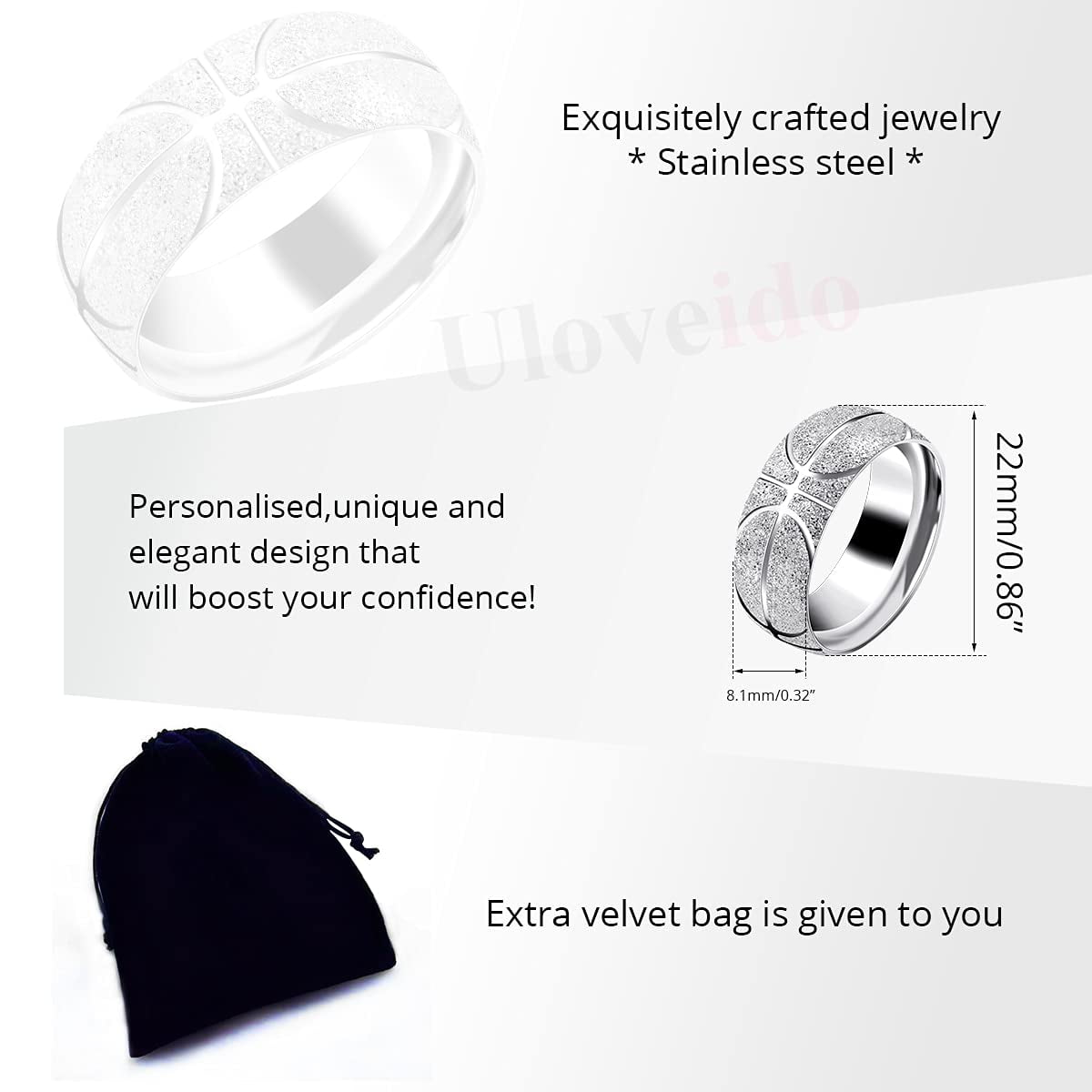 Uloveido 8mm Basketball Wedding Band Ring, Stainless Steel Band Rings for Men Boyfriend (white size 10)