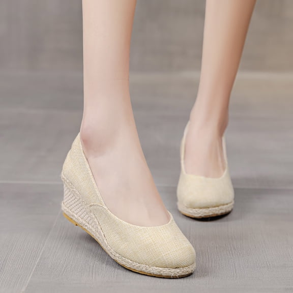 Women's Closed Toe Linen Espadrille Wedge Heel Shoes Casual Slip-On Footwear Beige 37