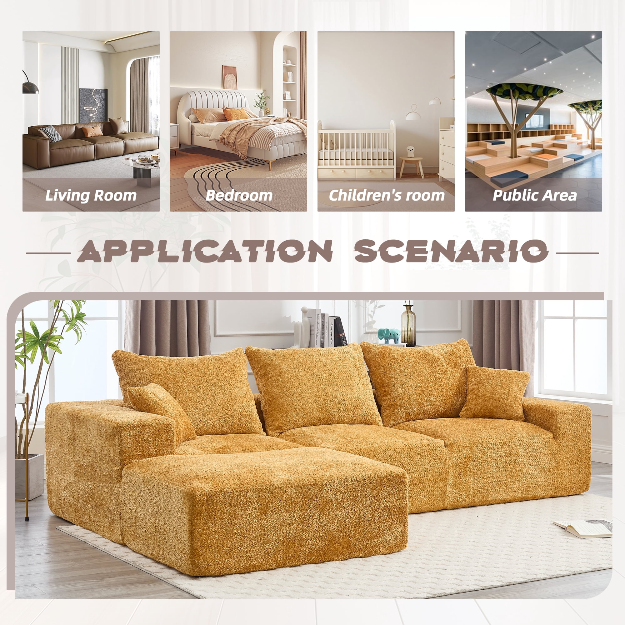 MOONMISS Boucle Upholstered L-shaped Intimate Comfort Deep Seat Modern Sofa with 5 Pillows-Yellow