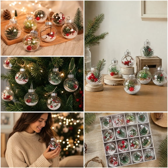 Christmas Ball Ornament Set, 2.36 Inch Shatterproof Christmas Tree Decoration Ornaments Hanging Ball with Pine Berry Snow Filler for Xmas Tree, Home Winter Holiday Party Decor