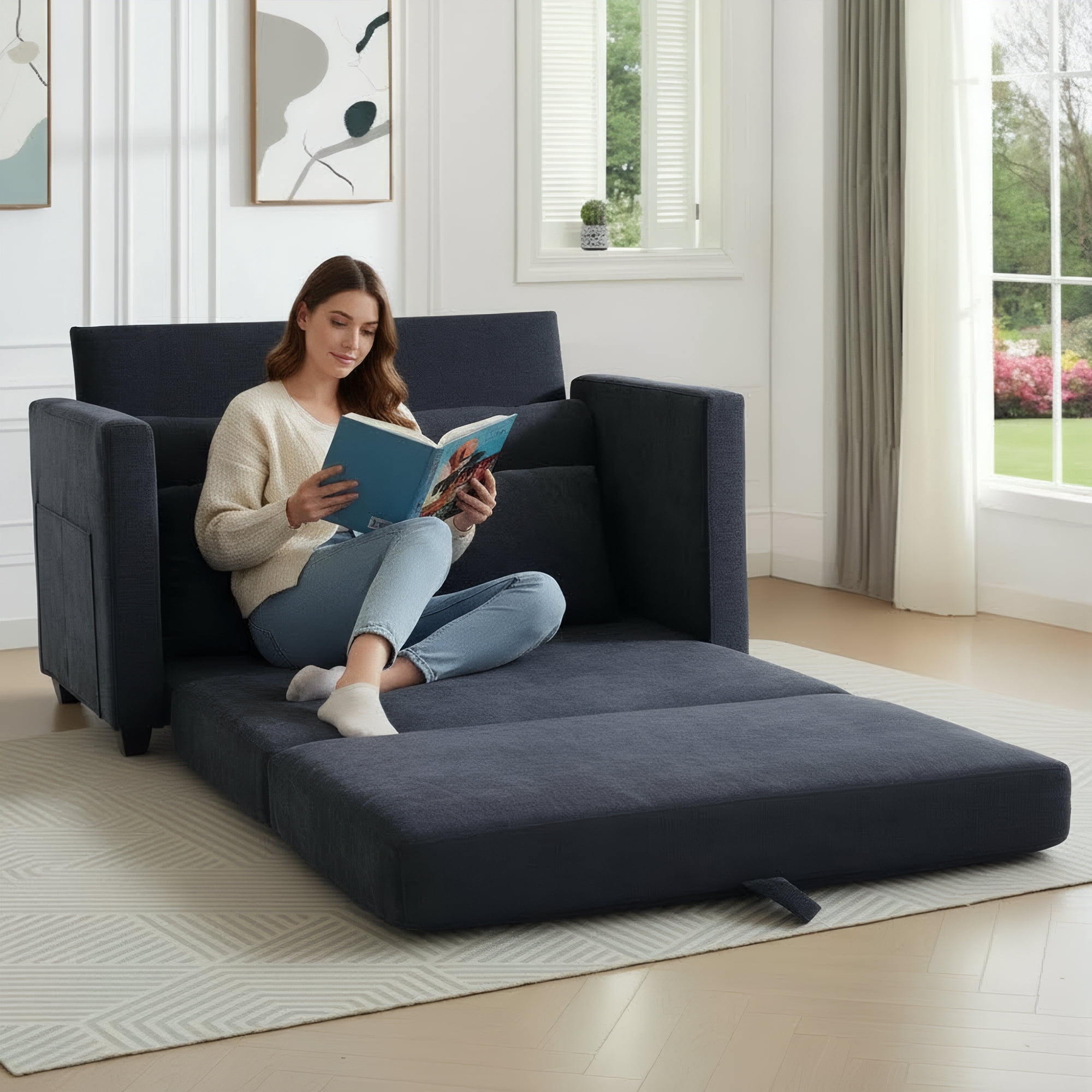 GAOHAPY 52" Loveseat Sleeper Sofa Bed,2 in 1 Convertible Floor Sofa Bed for Small Spaces,Pull Out Couch with Deep Seat,2 Pillows and Solid Frame Floor Couch for Living Room,Apartment