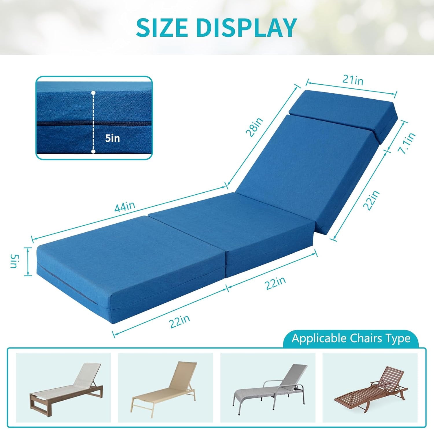 Bronkige 2 Pcs Chaise Lounge Cushions Outdoor, 72x21x5 Inch Thick Waterproof Outdoor Furniture Cushions with Removable Cover, Patio Lounge Chair Cushions for Outdoor Furniture, Blue