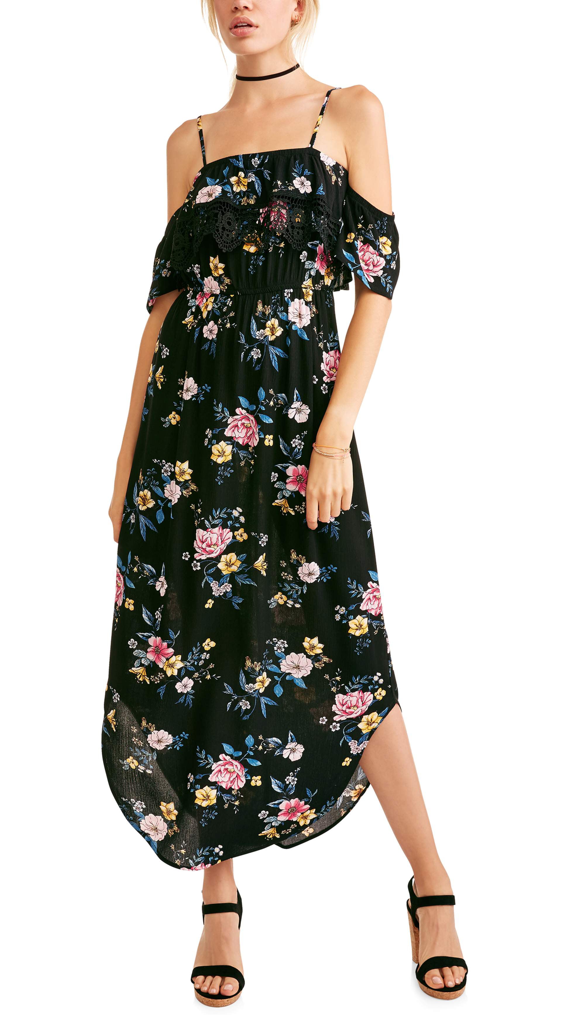 No Boundaries Juniors' cold shoulder floral maxi dress - Walmart.com