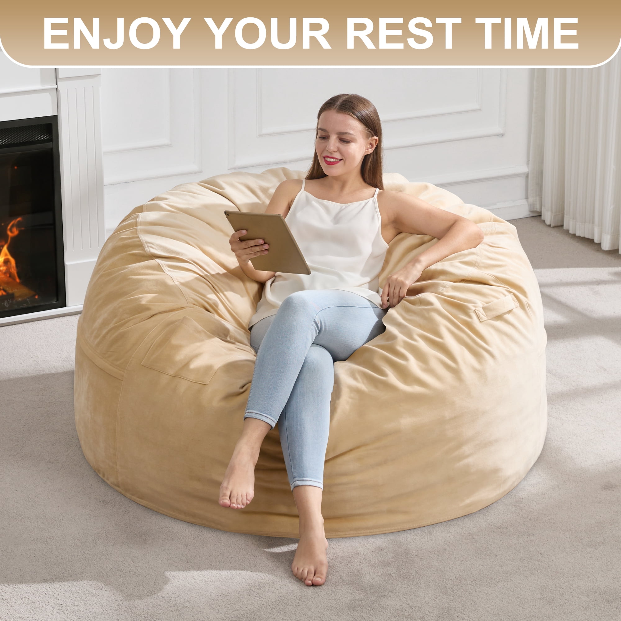 4FT Bean Bag Chair Bean Bag Chairs for Adults Giant Bean Chairs with Velvet Cover, Memory Foam BeanBag Chair Fluffy BeanBag Chairs for Living Room, Bedroom - Khaki (44" x 44" x 24")
