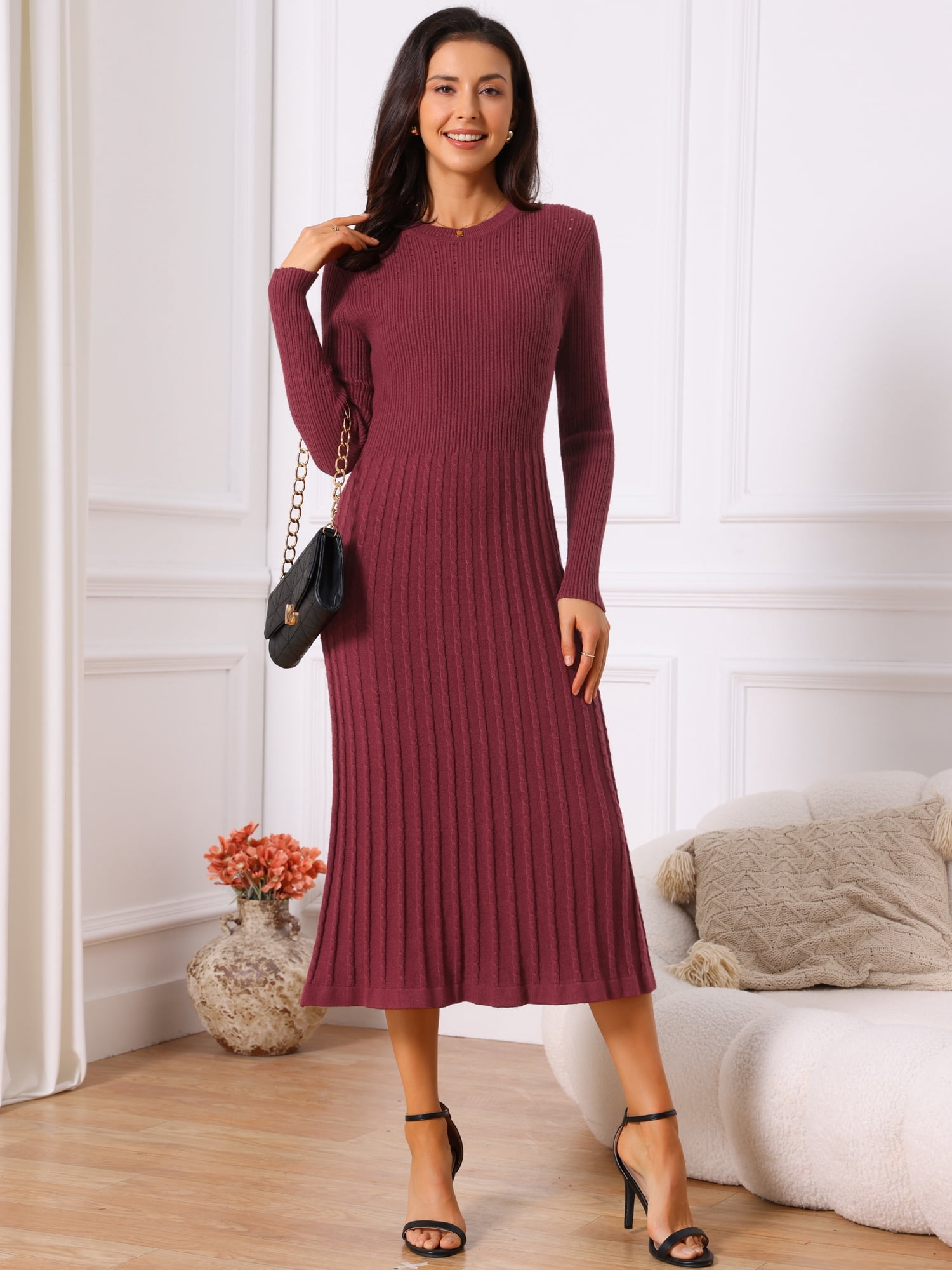 DARING DIVA Women's Long Sleeve Sweater Fall Crewneck Ribbed Knit Dress S Wine Red