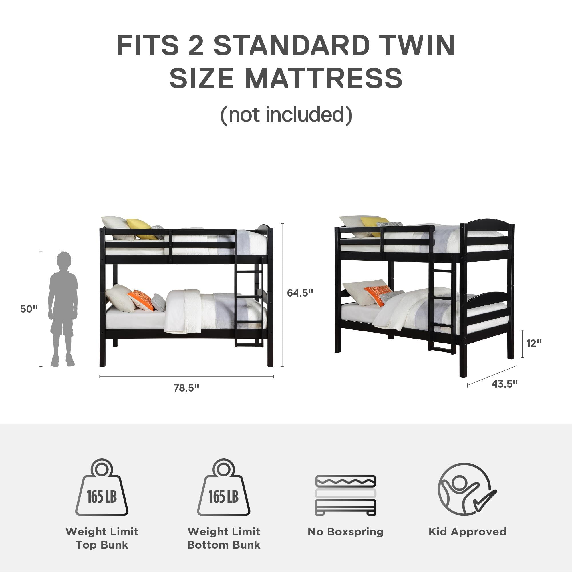 Better Homes & Gardens Leighton Kids Solid Wood Twin-over-Twin Convertible Bunk Bed with Ladder and Guardrails, Black