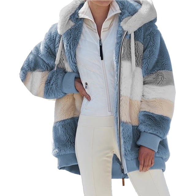Moda mujer invierno abrigo de felpa empalme con capucha manga larga cremallera bolsillo cálido chaqu Tomshoo 4X-grande