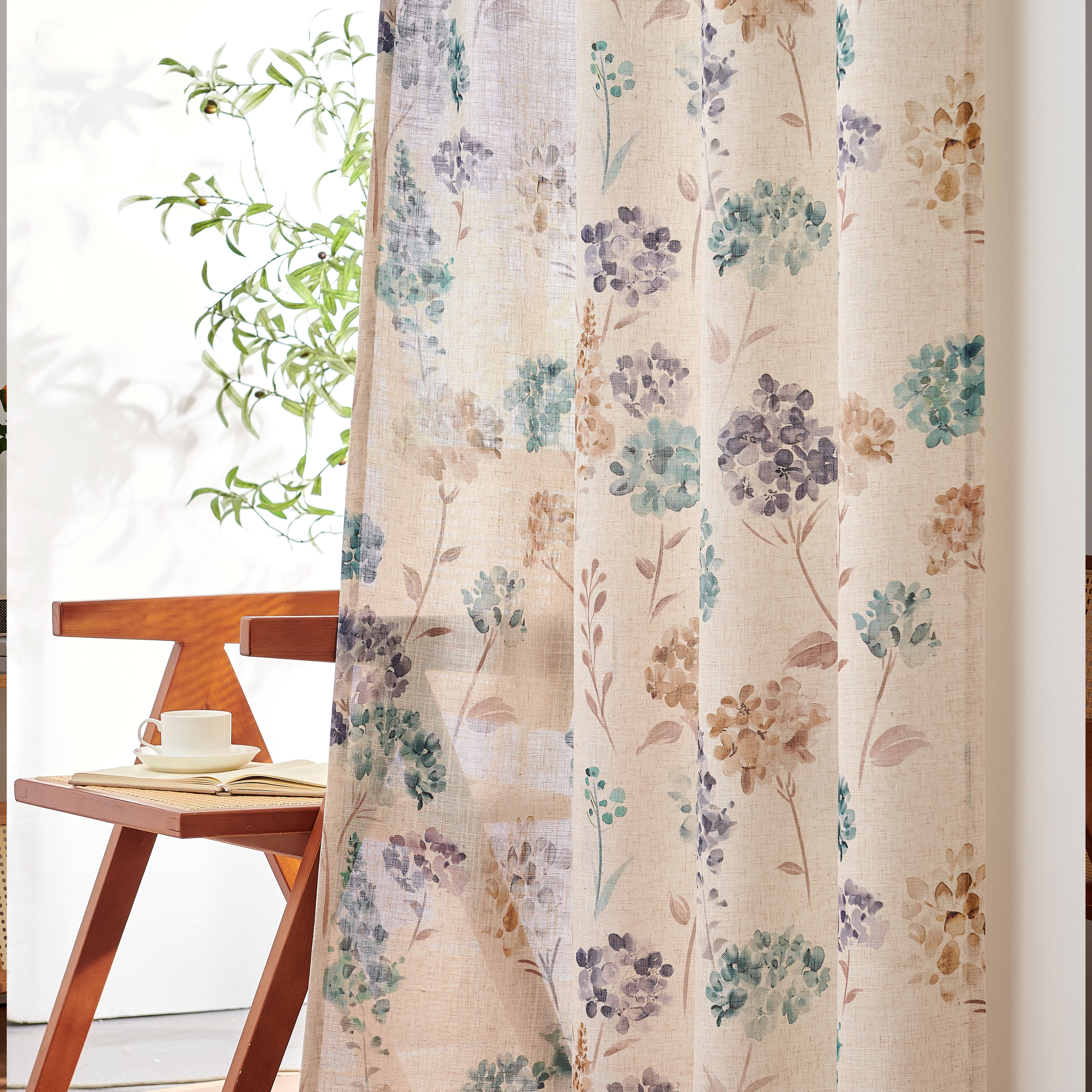 CURTAINKING Farmhouse Linen Curtains for Living Room Bedroom Floral Patterned Light Filtering Linen Blend Curtain Burlap Effect Drape Window Treatments 2 Panels Green Dark Blue and Tan