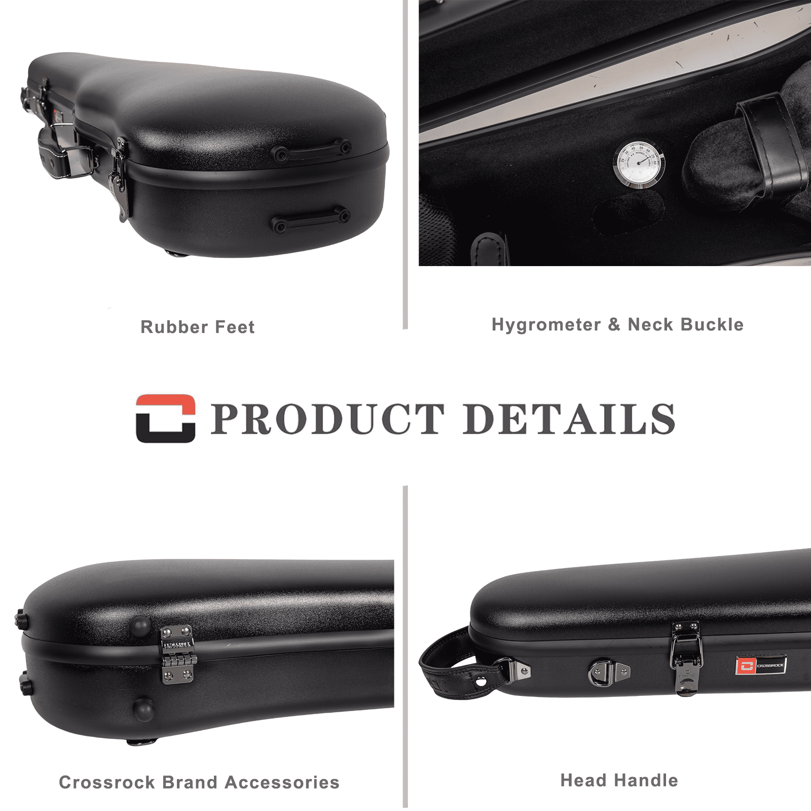 Crossrock Poly Carbon Shaped Case fits 4/4 Full-Size Violin, Includes Protective Blanket, Hygrometer, Accessory Pocket, Detachable Straps -Black