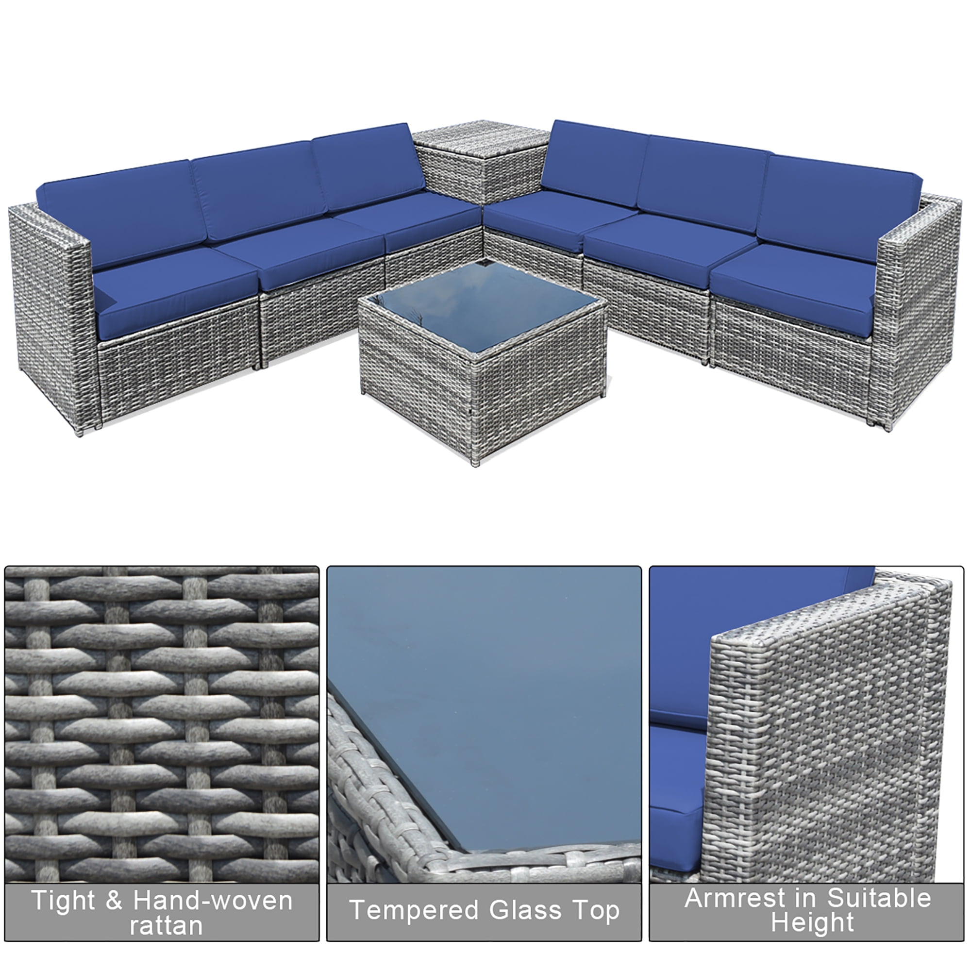 Costway 8 PCS Wicker Sofa Rattan Furniture Set Patio Furniture w/ Storage Table Navy