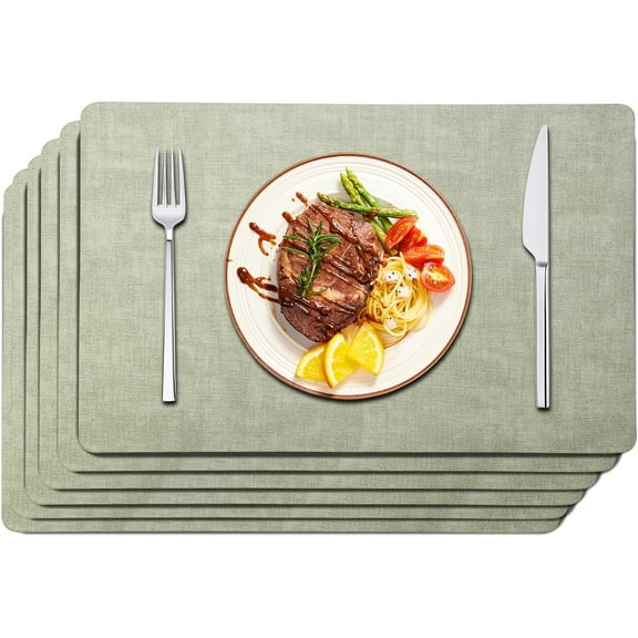 Faux Leather Placemats Set of 6 - Waterproof - Wipe Clean - Heat Resistant - Anti Slip Dining Table Place Mats, Suitable for Indoor & Outdoor Use, 17‘‘x12‘‘, Sage Green