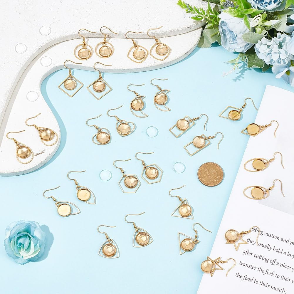 56 Pcs Stainless Steel Blank Cabochon Earrings Include 28 Pcs Glass Cabochons Star Round Moons Teardrop Shape Earring Kit Heart Bezel Trays Dangle Earring for DIY Jewelry Making Golden Gold DIY