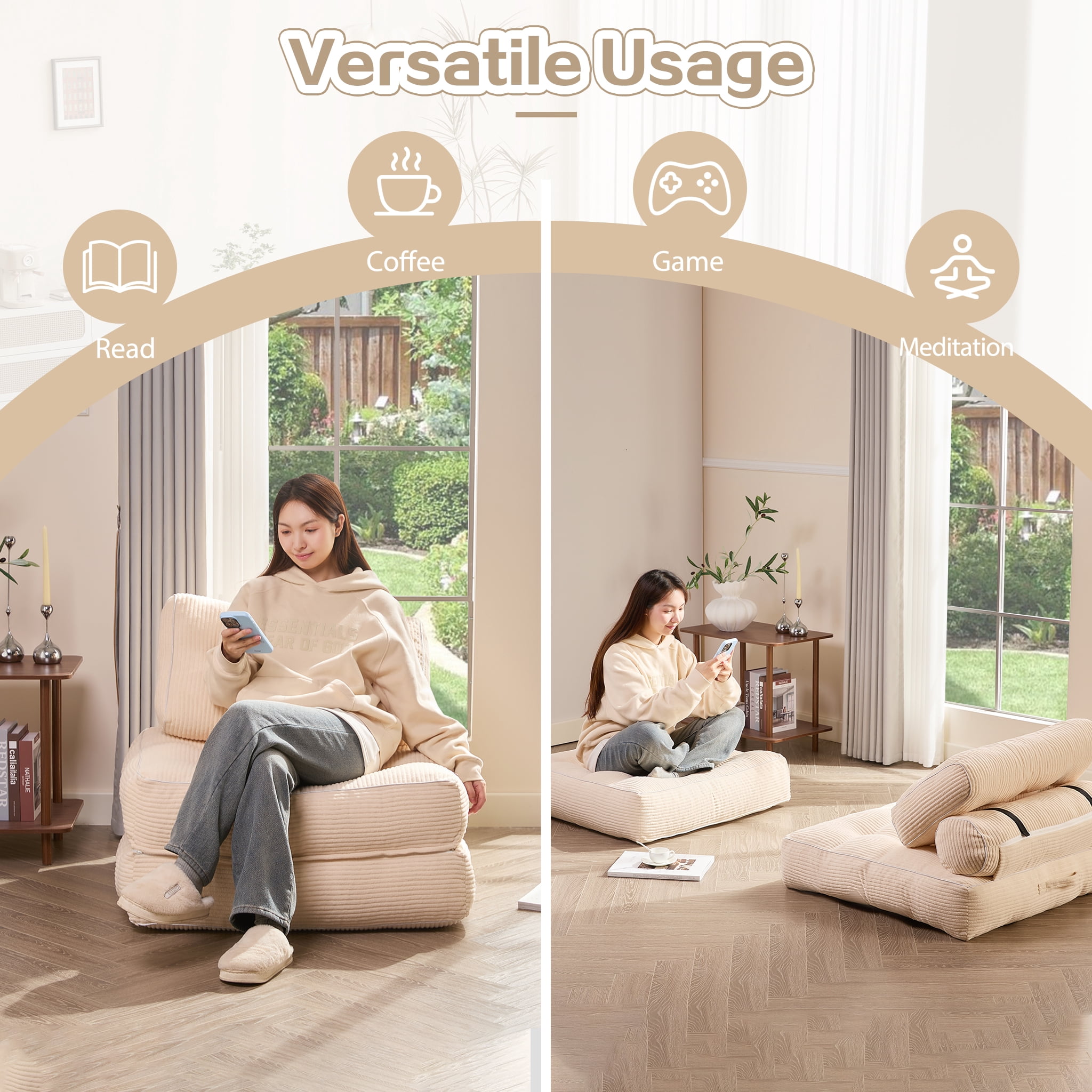 LAKPS Convertible Floor Sofa Bed, Corduroy Modular Lounge Chair with Backrest & Pillow, Folding Tatami Sofa Sleeper for Living Room, Bedroom, Dorm, White