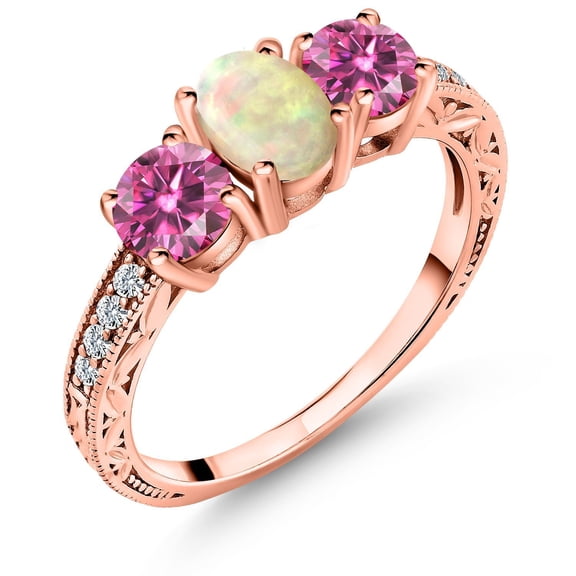 Gem Stone King 18K Rose Gold Plated Silver 3-Stone Ring Oval/Cabochon White Ethiopian Opal and Vivid Pink Moissanite (1.63 Cttw, Size 6)