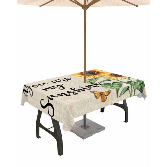 Fsddascl Yellow Sunflower Outdoor Tablecloth - 54x80 Inch Rectangle Dining Table Cover, Butterfly Sunshine Farmhouse Beige Waterproof Outdoor Table Cloth with Umbrella Hole & Zipper for Picnic/Patio