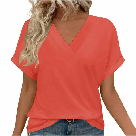 Hot days, bold styles Olyvenn T Shirts Short Sleeve V Neck Tees Womens Tops Beach Vacation Fashion Clothes 2025 Casual Summer Spring Outfits Red M