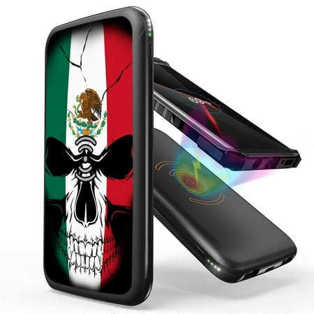 

INFUZE Qi Wireless Portable Charger for OnePlus 9 Pro External Battery (10000 mAh 18W Power Delivery USB-C/USB-A Ports) with Touch Tool - Mexico Skull Flag