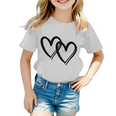 HNMKIU Valentine s Day T shirts Tops Stylish Girls Graphic Print Round Neck Tee Casual Summer Short Sleeve Top for Toddler and Youth Light Gray 7-8 Years