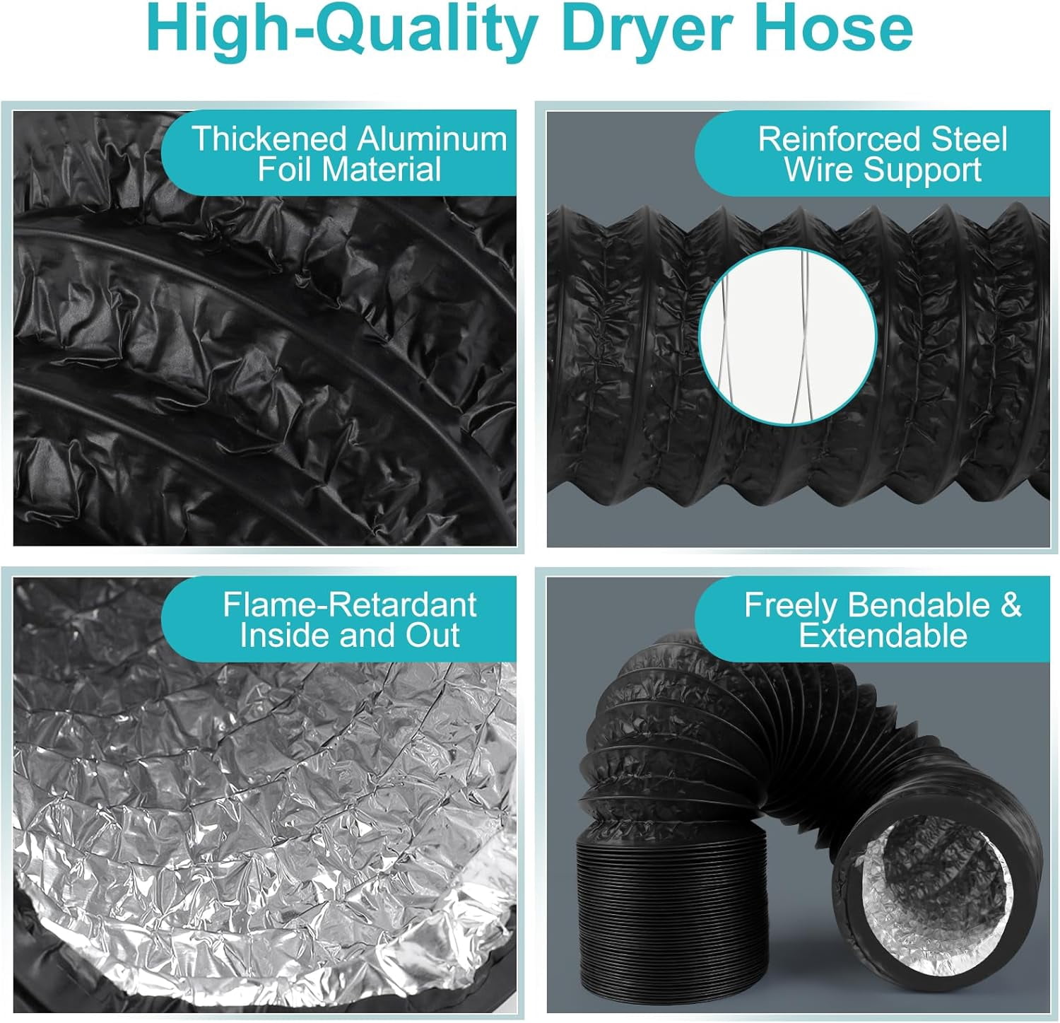 MKEUDQ-Dryer Vent Hose,4 Inch x 16FT Flexible Aluminum Duct-PVC Aluminum Foil Multi-Layer Air Ducting for HVAC Ventilation, Exhaust Fan,Grow Tent,2 Clamps Included