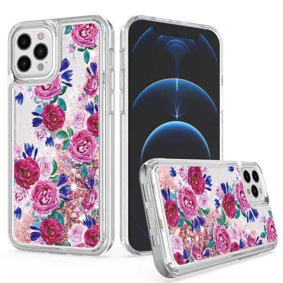 For Iphone 12 Iphone 12 Pro Open Camera Hole Design Water Quicksand Glitter Case Cover - Floral B