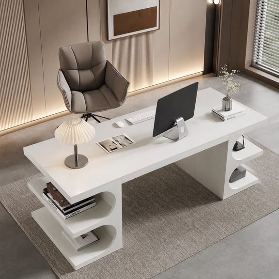 Fnova 63" Modern Executive Office Desk, Wooden Computer Desk with Storage Shelves for Home Office, White
