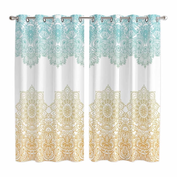 Curtains 84 Inches Long 2 Panels, Teal Yellow Boho Grommets Window Treatment Curtain, Vintage Ethnic Tribe Abstract Art Thermal Curtains Drapes for Living Room/Bathroom
