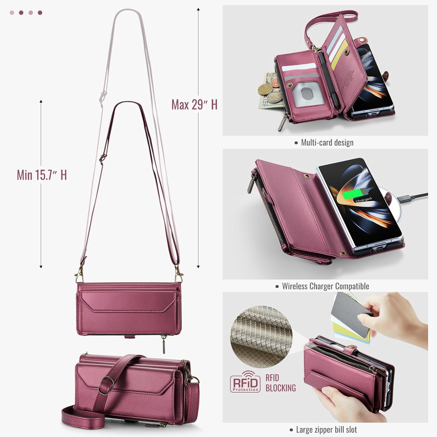 Phone Case for Samsung Galaxy Z Fold 4 5G 2022 Zipper Wallet Cover with S Pen and Leather Flip RFID Blocking Card Holder Stand Cell Accessories ZFold4 Z4 Fold4 4Z ZFold45G Women Girls Wine Red