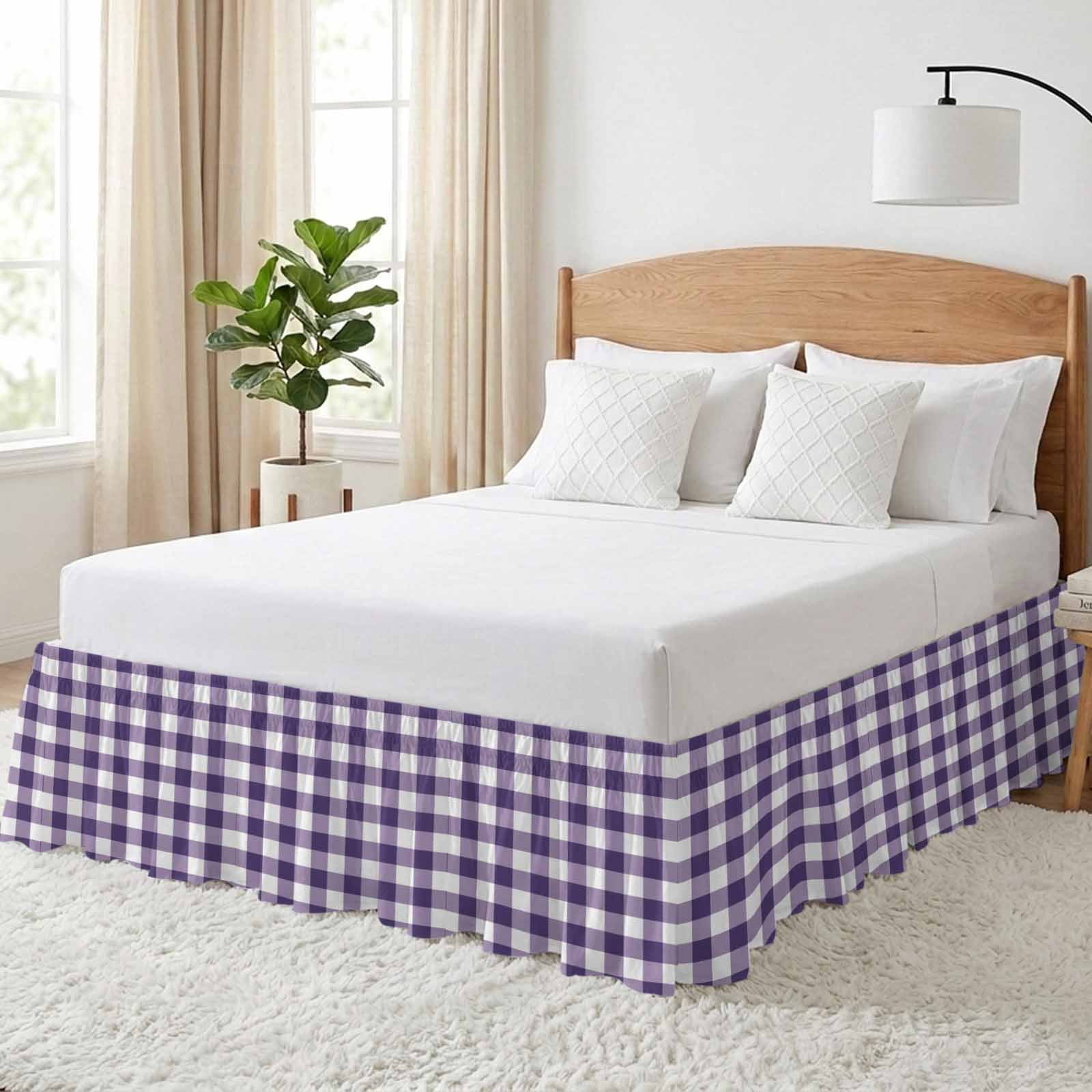 Purple Checkered Bed Skirt Queen Size, Farmhouse Buffalo Plaid Wrap Around Bed Skirting with Adjustable Elastic Strap, Dust Ruffle Pleated Bedskirts 18 Inch Drop for Bedroom Queen Beds