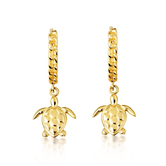 Yellow Gold Marine Sea Turtle Cuban Link Huggie Earrings (10K)