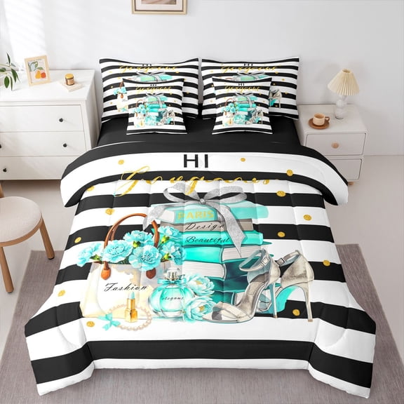 Homewish Romantic Perfume High Heels 7-Piece Twin Bedding,Chic Paris Fashion Bedding Comforter Set,Teal,Black Reversible