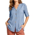thumbnail image 3 of VBVC Women's Striped V-Neck Button Down Shirt , Ladies' Roll Up Sleeve Casual Blouse , Business Casual Work Tunic Top For Women,Dark Blue,S-2XL, 3 of 10