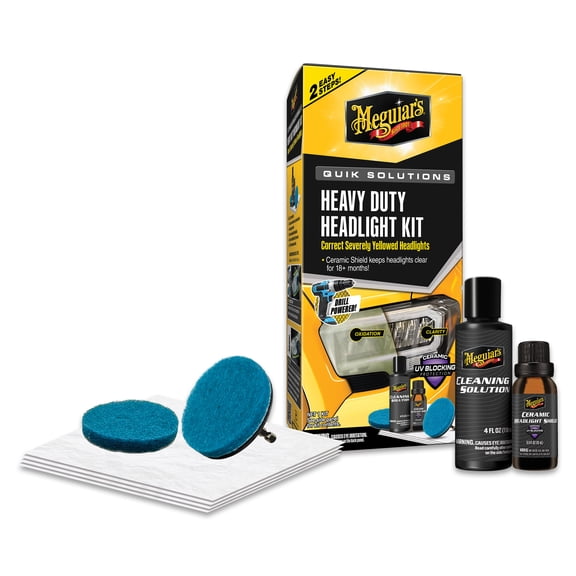 Meguiar’s Quik Solutions Heavy Duty Headlight Kit – Headlight Restoration Kit Includes Headlight Cleaner, Ceramic Protection, Drill Backing Plate, Pads, & Towelettes, 18 Plus Months of Protection