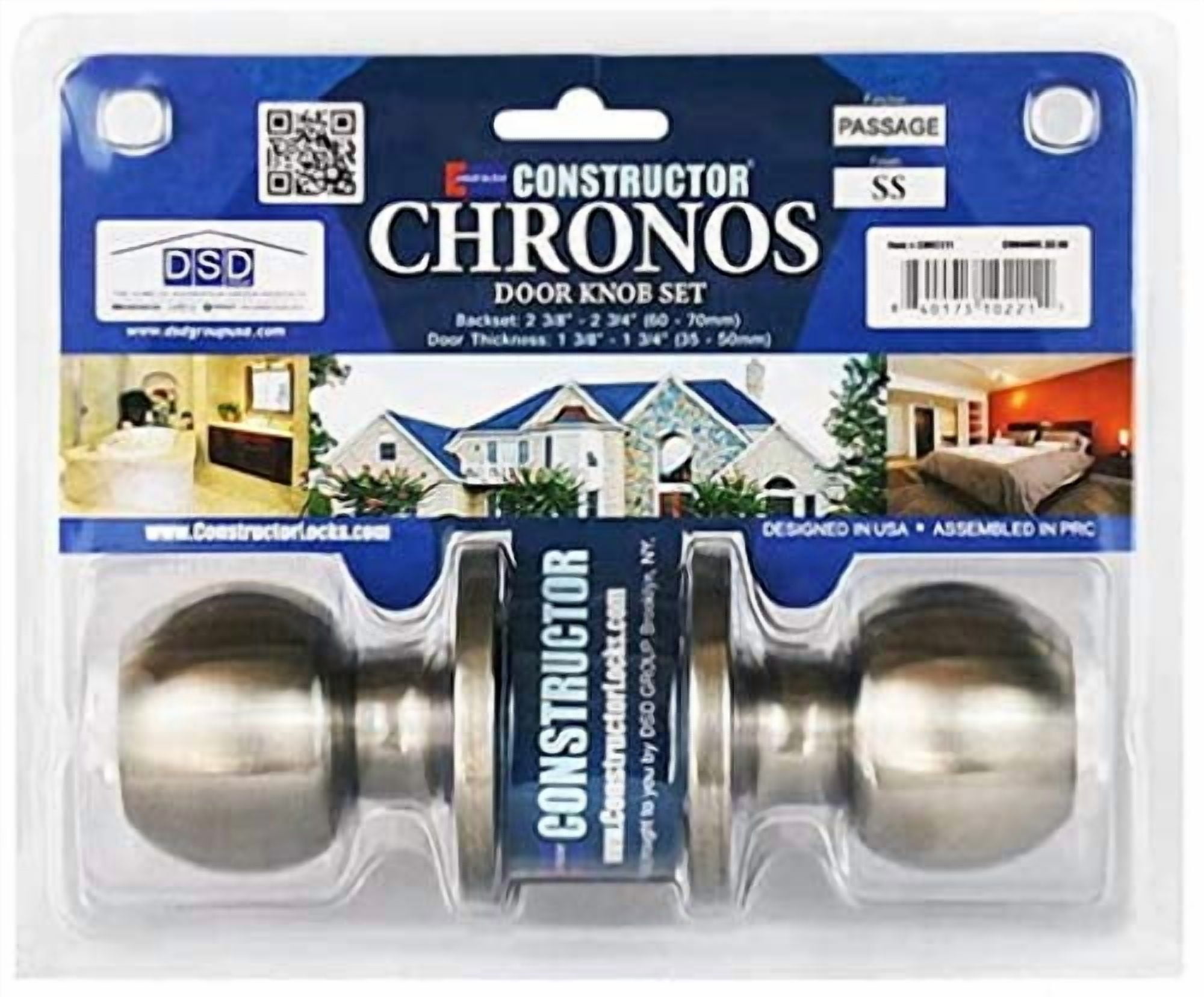 CONSTRUCTOR Chronos Passage Door Knob, Non-Keyed Lock Handle Set for Closets or Non Private Rooms, Satin Nickel