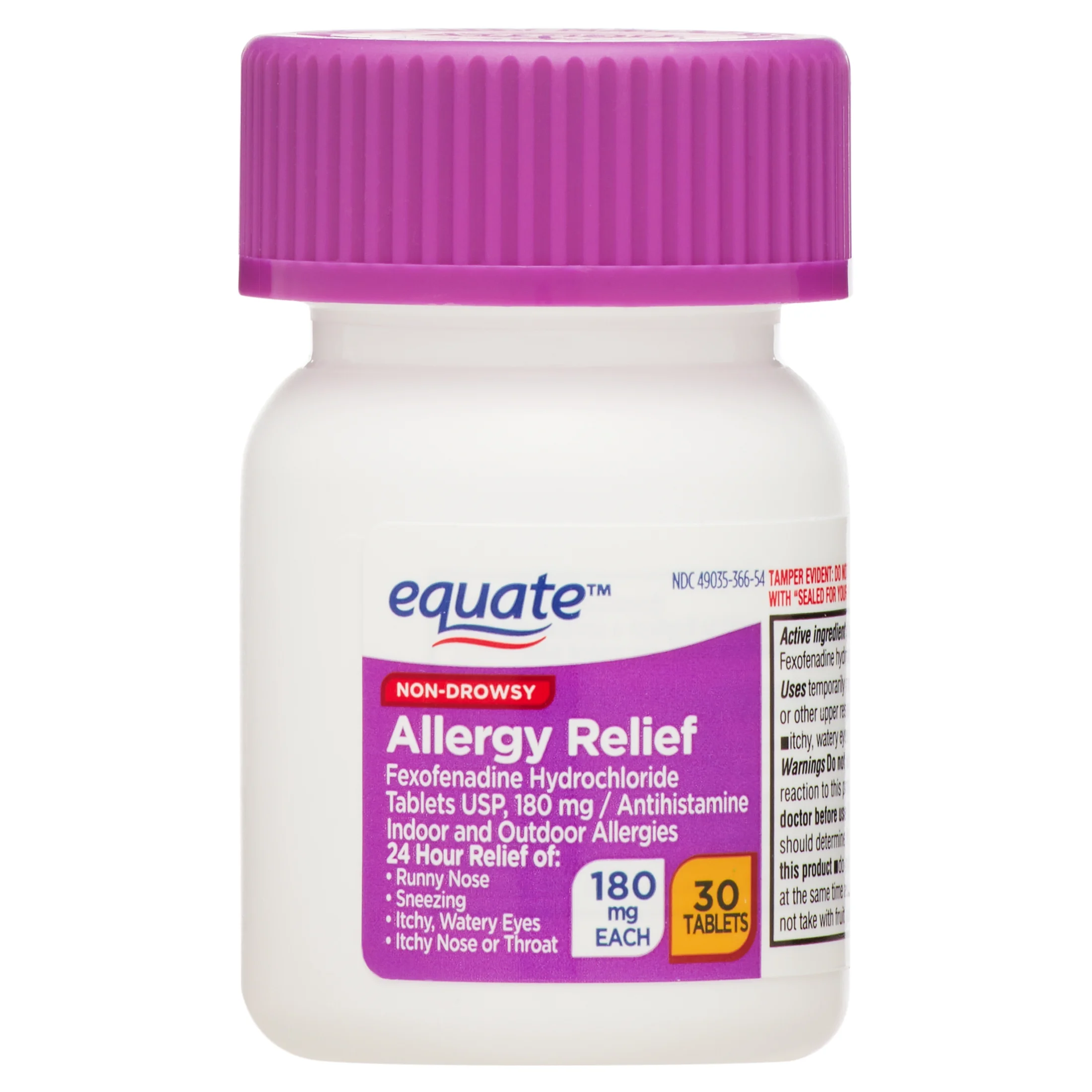 Equate Fexofenadine Hydrochloride USP Non-Drowsy Allergy Relief Tablets, 180 mg, 30 Count, Compare to Allegra® Allergy 24 Hour Active Ingredient