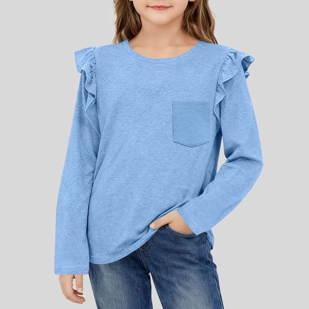 Camiseta de manga larga con encaje de color liso para niña, camisa básica informal de manga larga para niña, jersey de cuello redondo con bolsillo para niña, top de poliéster para niña