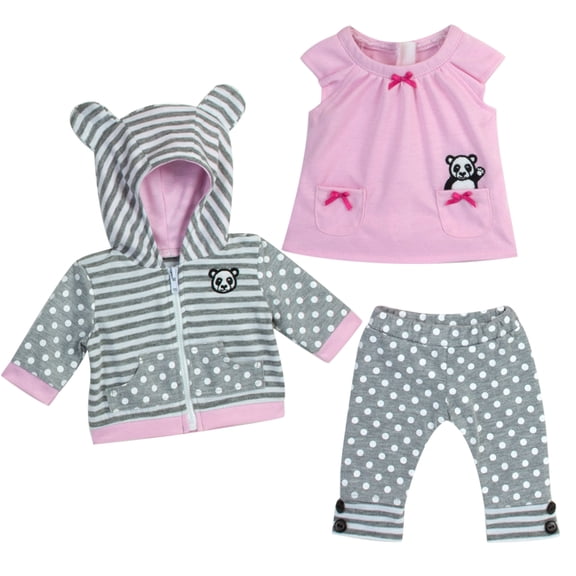 Sophia's 3-Piece Panda Hoodie Doll Outfit with Sweatshirt, Pink Tunic & Polka Dot Leggings Set for 15" Dolls