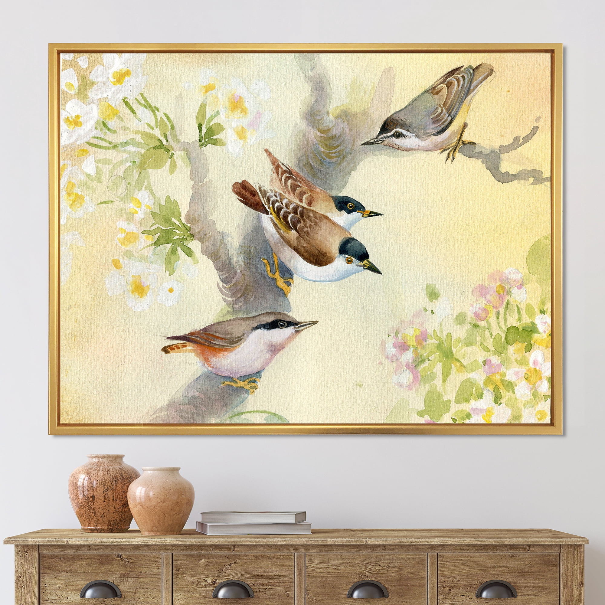 Designart 'Birds Sitting On A Blossoming Apple Tree' Traditional Framed Canvas Wall Art Print