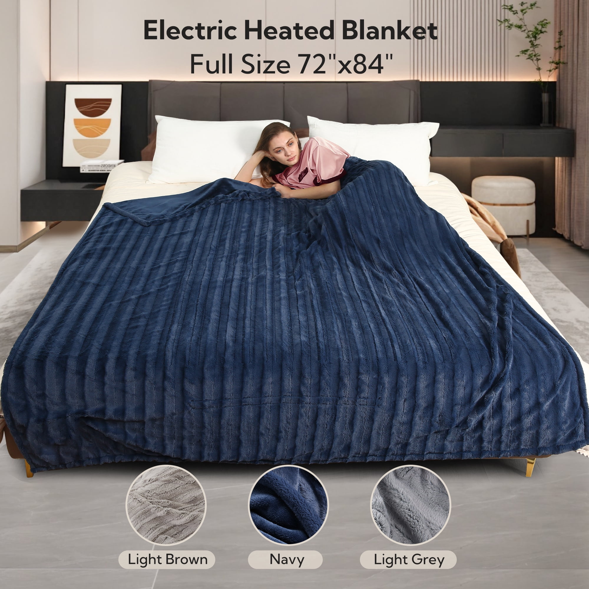 SUNNY HEAT Electric Heated Blanket 72'' x 84'', Soft and Lightweight Faux Fur Electric Blanket, Navy