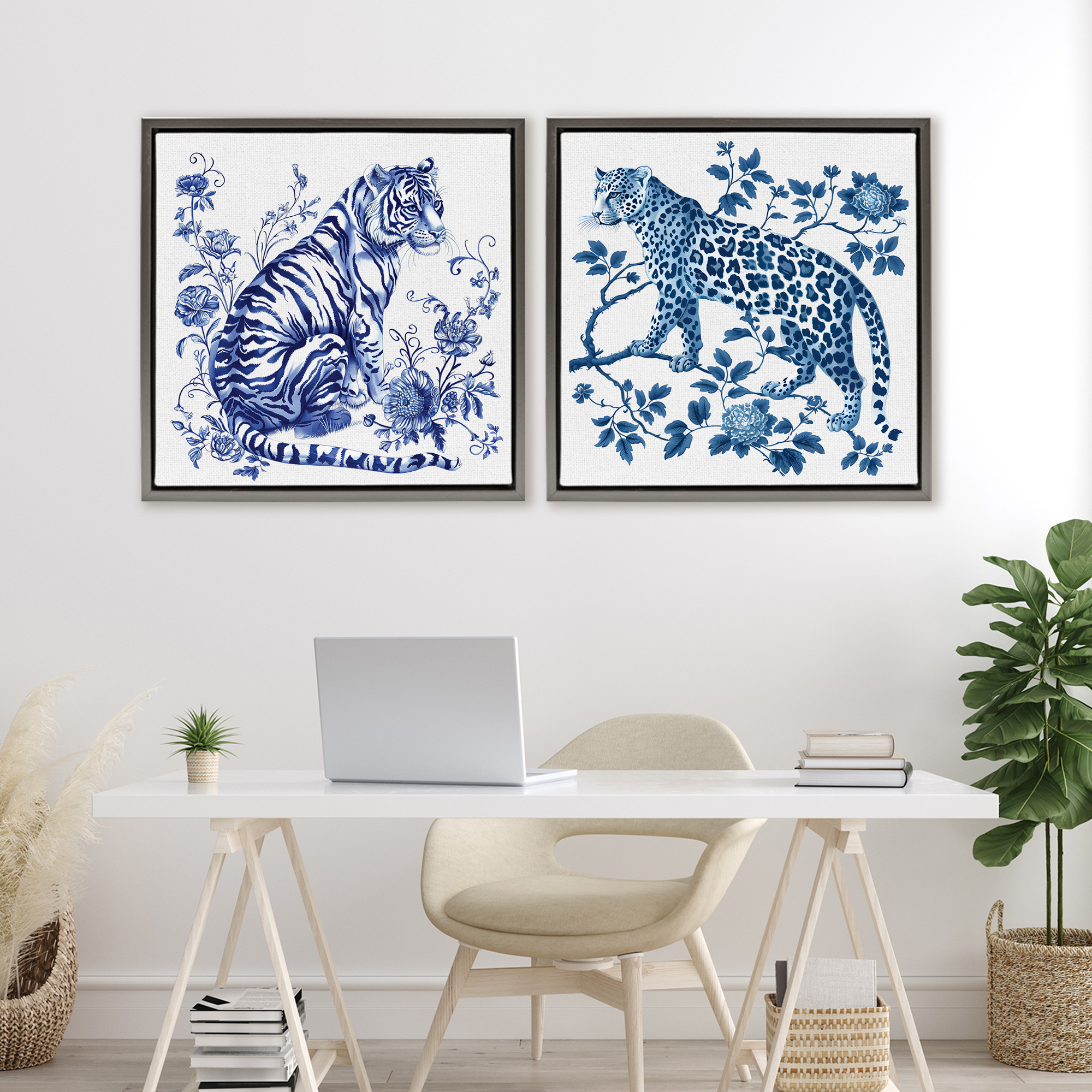 Ornate & Detailed Large Cats 2 Piece Gray Framed Floater Canvas Set, design by Lettered and Lined