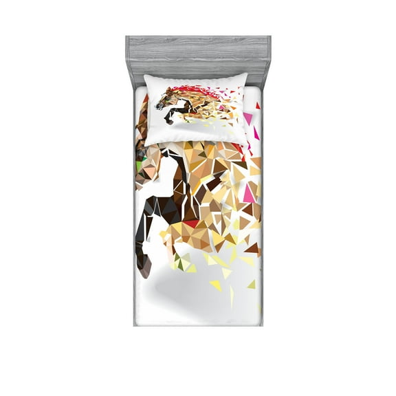 Ambesonne Animal Fitted Sheet & Pillow Sham Set, Abstract Art Wild Horse, Twinxl, Tan Red Brown