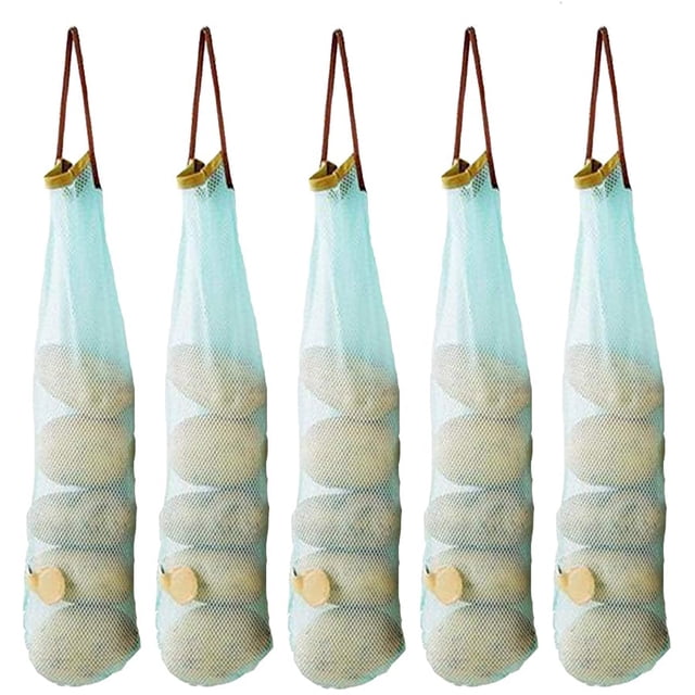 Hanging Mesh Storage Bags For Vegetables,Potatoes,Onions,Garlics,Long and Large Reusable Net Storage Tote Bags for Fruit Veggies Green Pepper or Garbage Bag Pack of 5 (Blue)
