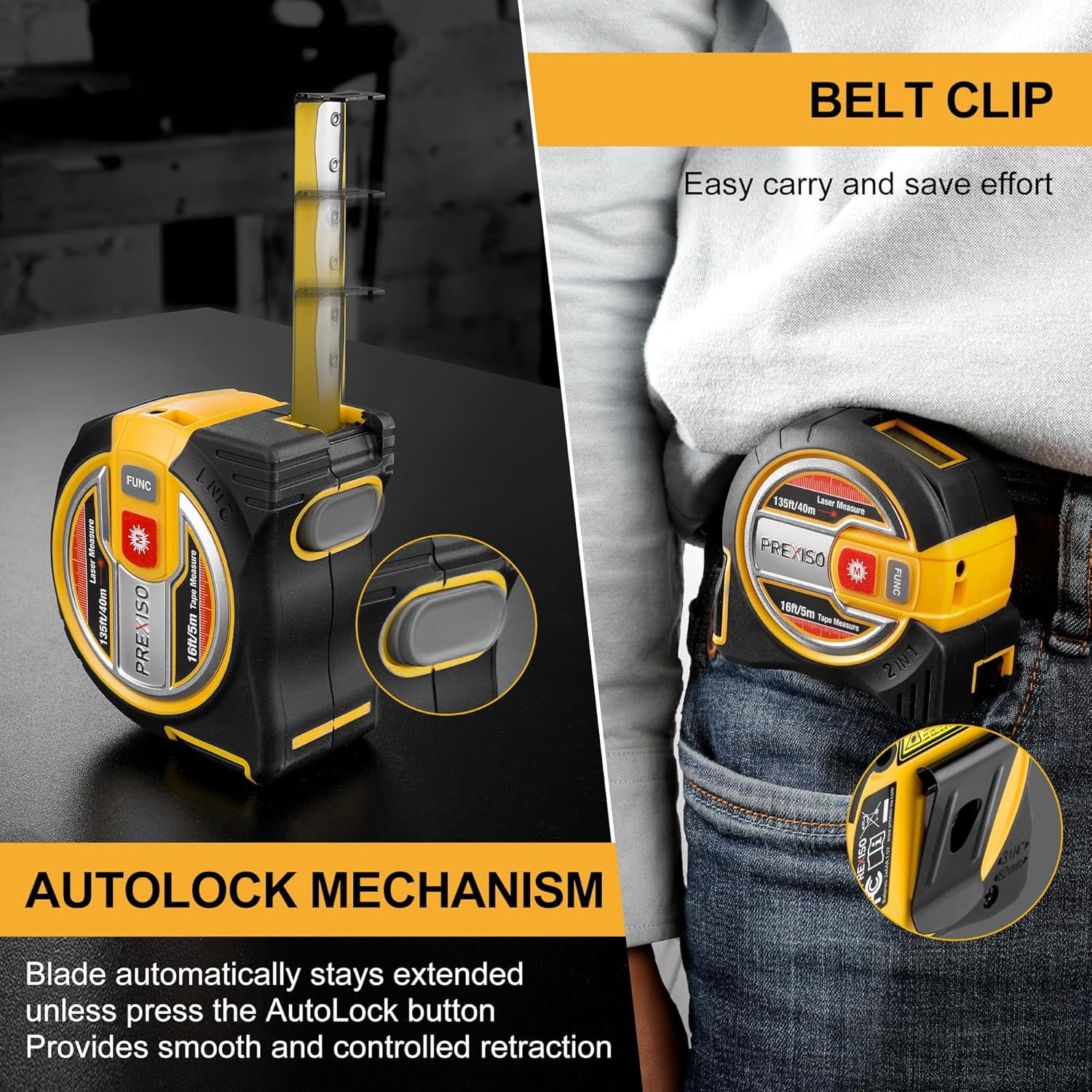PREXISO 2-in-1 Laser Tape Measure, 135 ft Laser Measurement Tool & 16 ft Measuring Tape with Auto Lock & Movable Magnetic Hook - Pythagorean, Area, Volume-NOT Digital