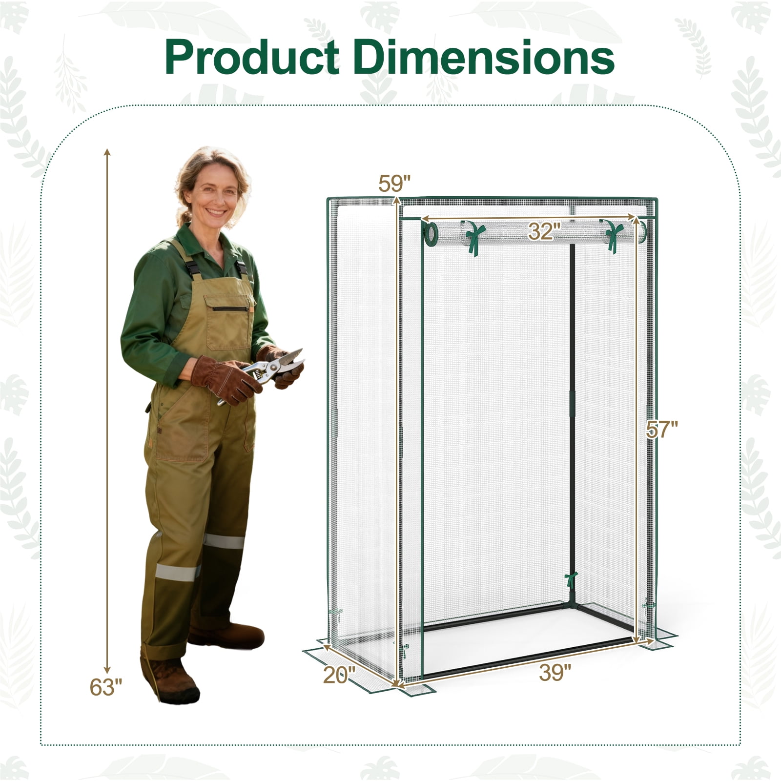 Costway 39” x 20” x 59” Portable Mini Greenhouse with Roll-Up Zippered Door, Indoor Outdoor White