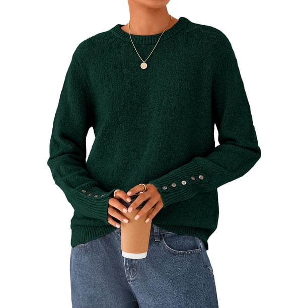 Suéter PRETTYGARDEN 2025 con Botones Cuello Redondo Verde Oscuro S