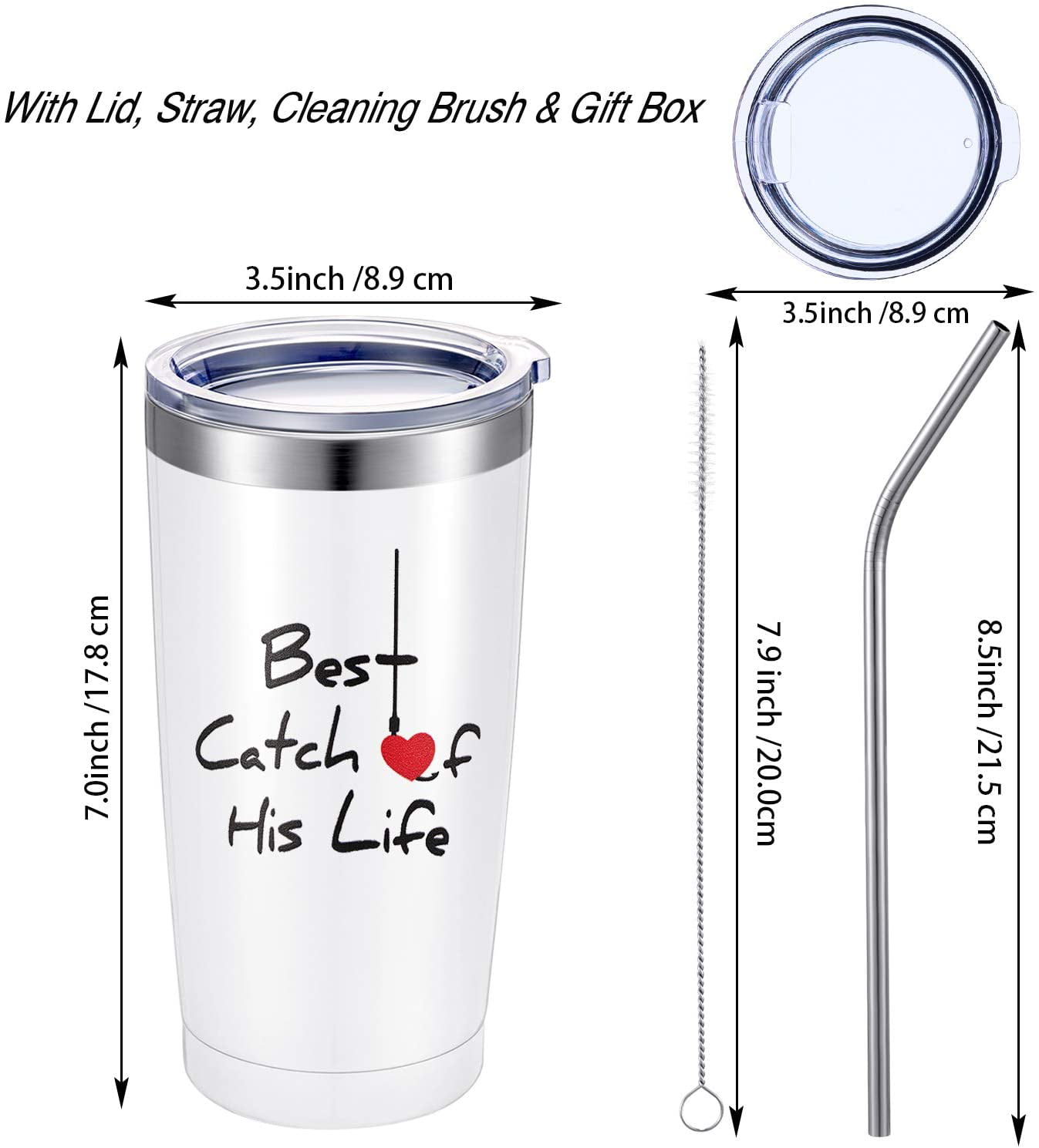 Black, White One Great Fisherman Best Catch of His Life Couples Mug Gift for Husband and Wife Wedding Anniversary Funny Engagement Gift Idea 20 oz Stainless Steel Mug Tumbler with Straw Brush