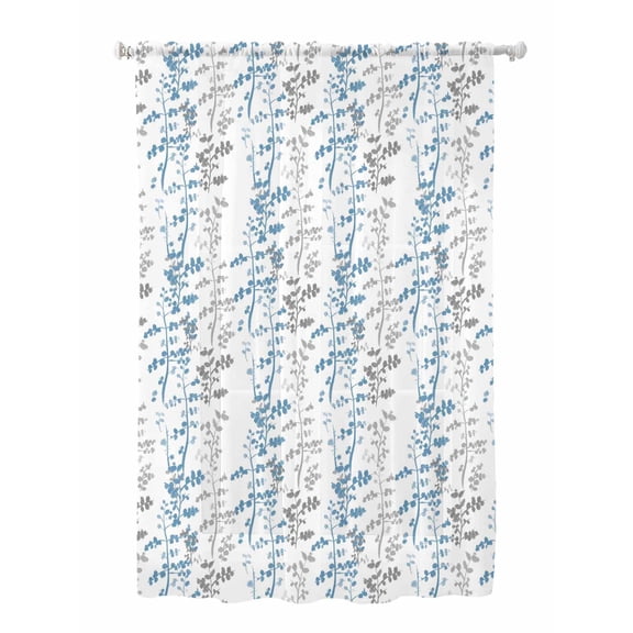 Sheer Curtains 63 Inch Length, Blue Grey Botanical Semi Sheer Curtains Light Filtering Window Treatment, Spring Floral Summer Farmhouse Privacy Voile Drapes for Living Room Bedroom 52x63 Inch