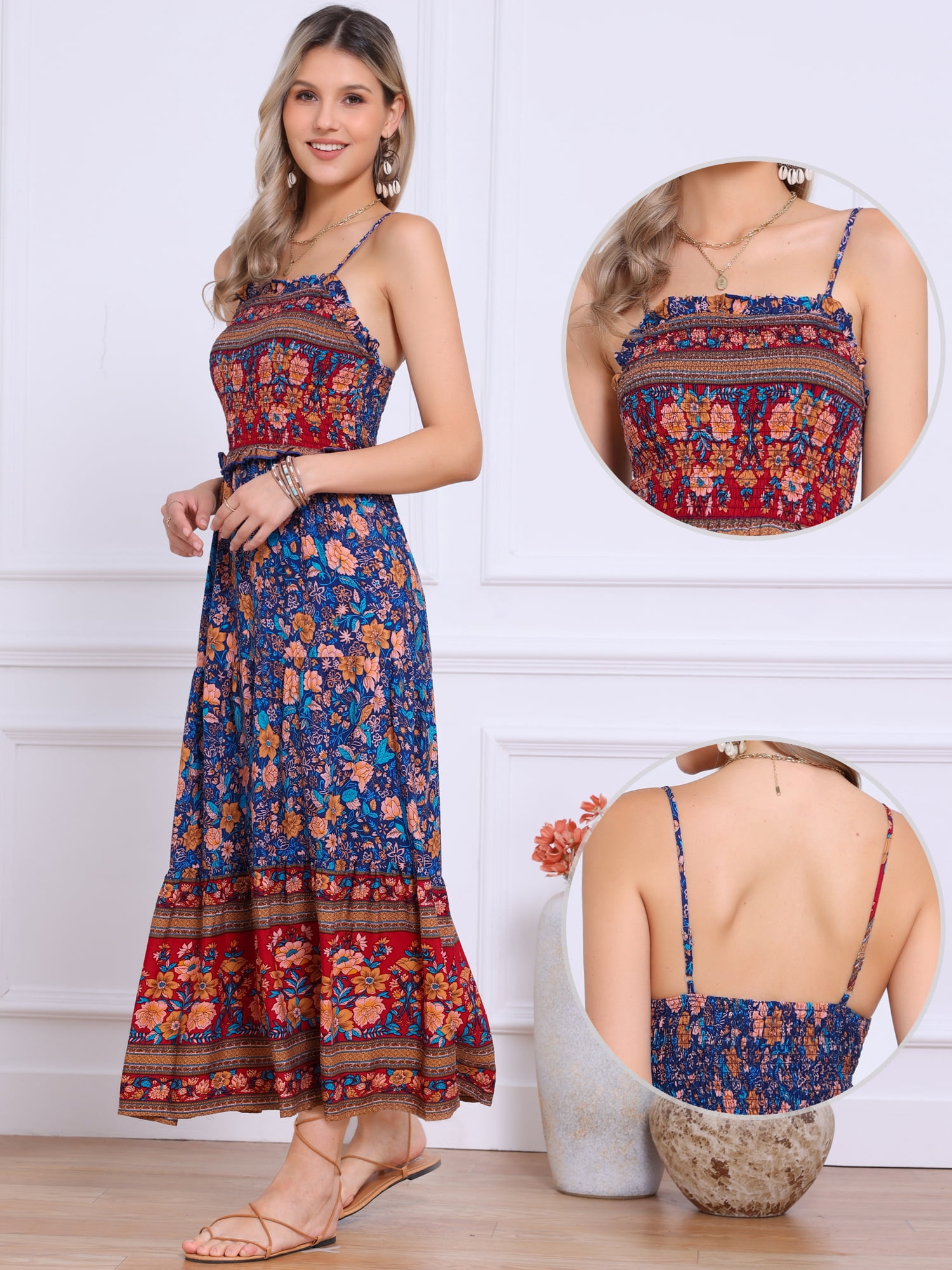 DARING DIVA Women's Boho Floral Spaghetti Strap A Line Maxi Dresses L Red Blue